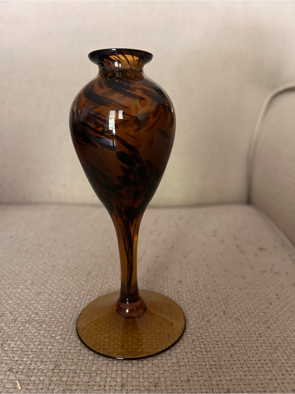 Vintage Hand-Blown Art Glass Amber Bud Vase Swirl Pattern Tortoiseshell Decor
